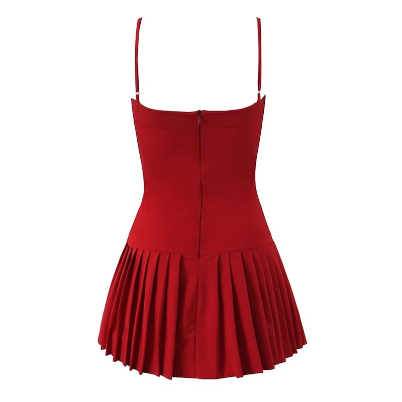 Ruched Pleated Mini A-Line Dress with Button Accent