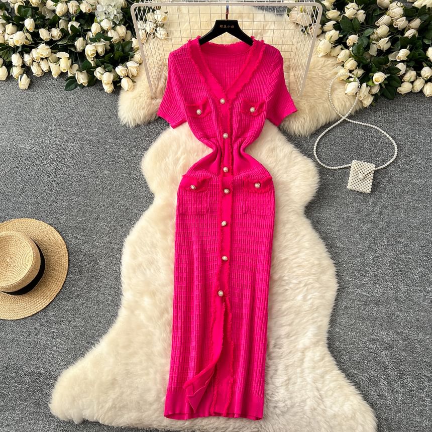 Short Sleeve V-Neck Knit Sheath Dress with Fray Pearl Buttons