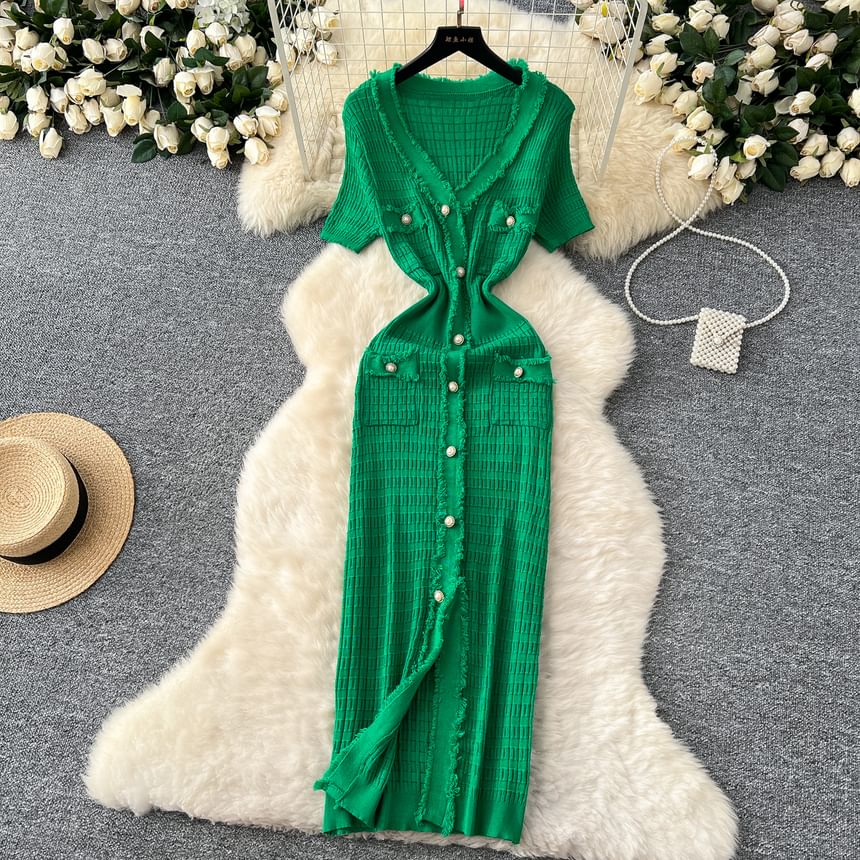 Short Sleeve V-Neck Knit Sheath Dress with Fray Pearl Buttons