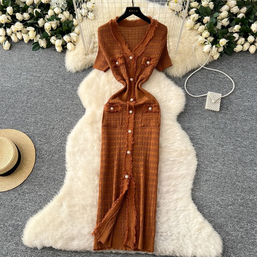 Short Sleeve V-Neck Knit Sheath Dress with Fray Pearl Buttons