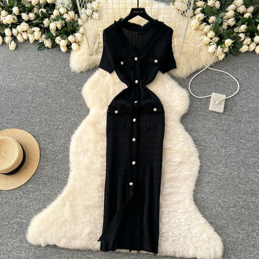 Short Sleeve V-Neck Knit Sheath Dress with Fray Pearl Buttons