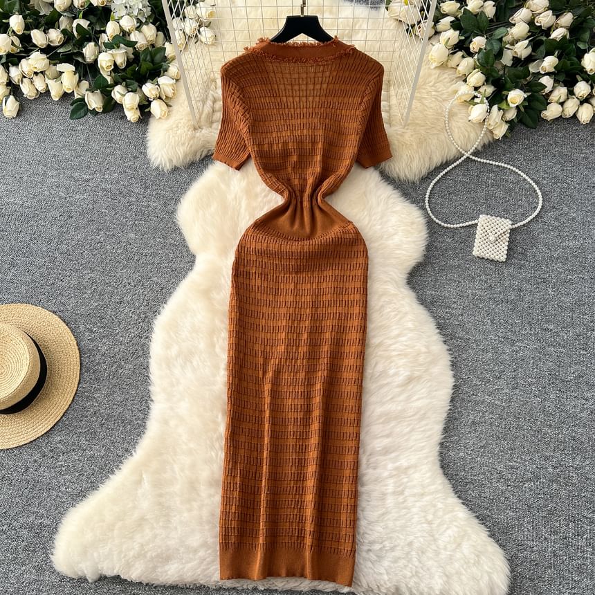 Short Sleeve V-Neck Knit Sheath Dress with Fray Pearl Buttons