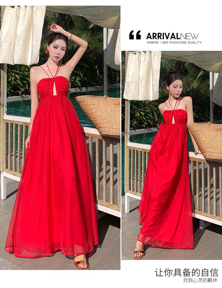 Halter Neck Cutout Ruched Open Back Maxi A-Line Dress