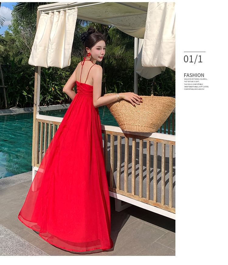 Halter Neck Cutout Ruched Open Back Maxi A-Line Dress