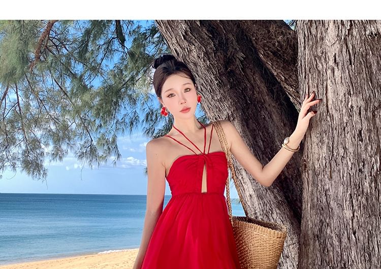 Halter Neck Cutout Ruched Open Back Maxi A-Line Dress