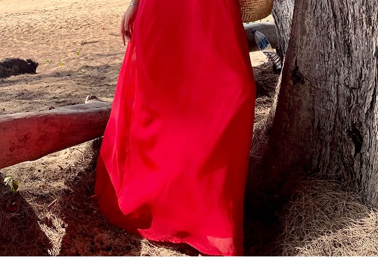Halter Neck Cutout Ruched Open Back Maxi A-Line Dress
