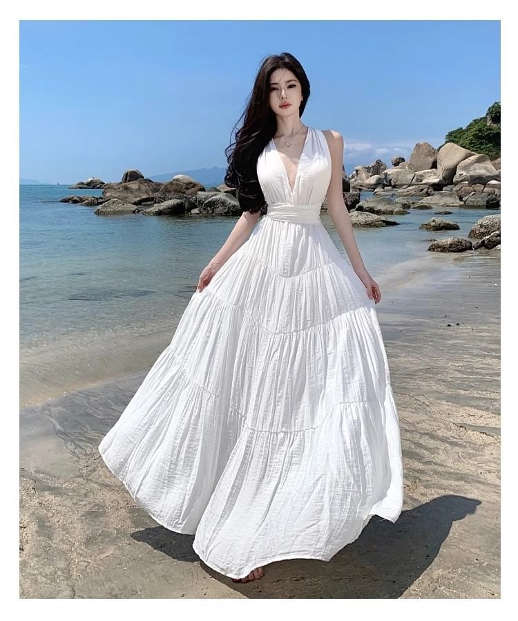 Plunge Halter Neck Open Back Maxi A-Line Dress