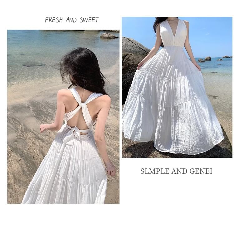 Plunge Halter Neck Open Back Maxi A-Line Dress