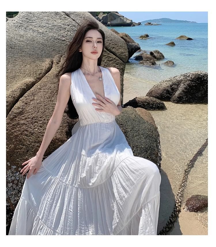 Plunge Halter Neck Open Back Maxi A-Line Dress