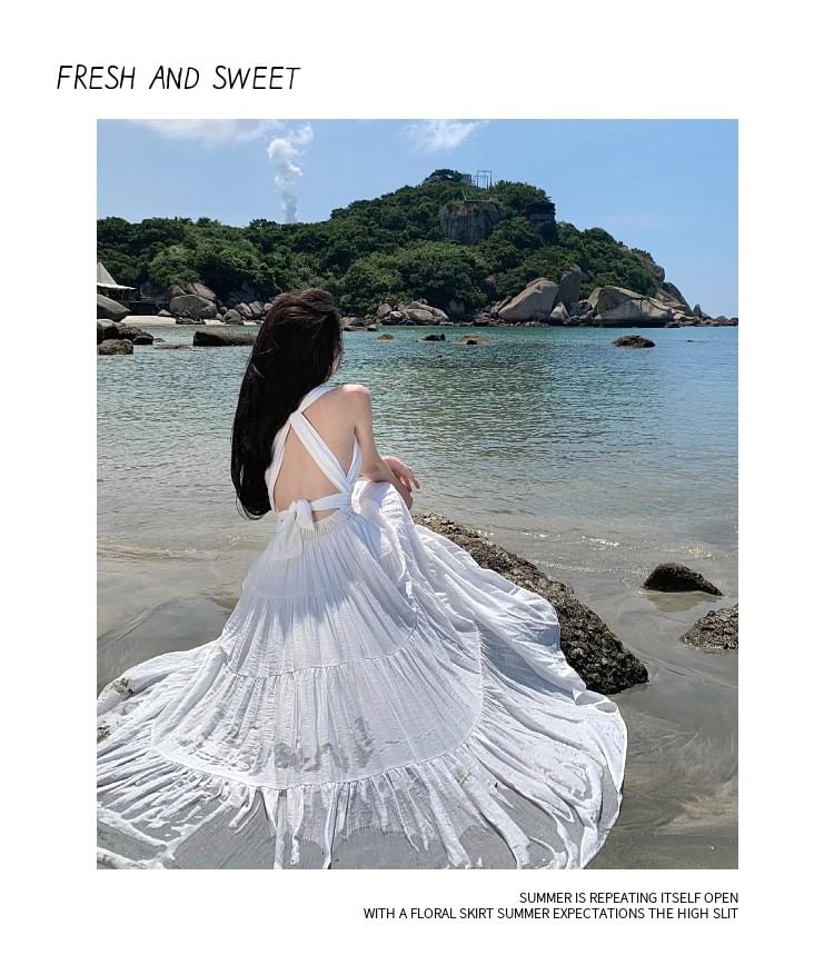 Plunge Halter Neck Open Back Maxi A-Line Dress