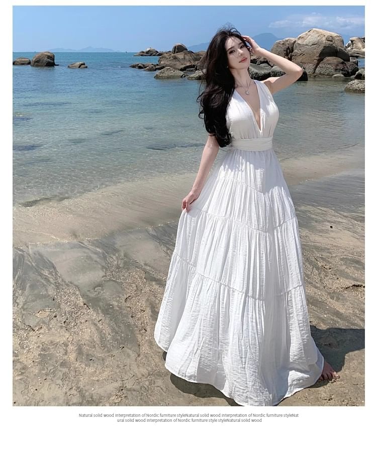 Plunge Halter Neck Open Back Maxi A-Line Dress