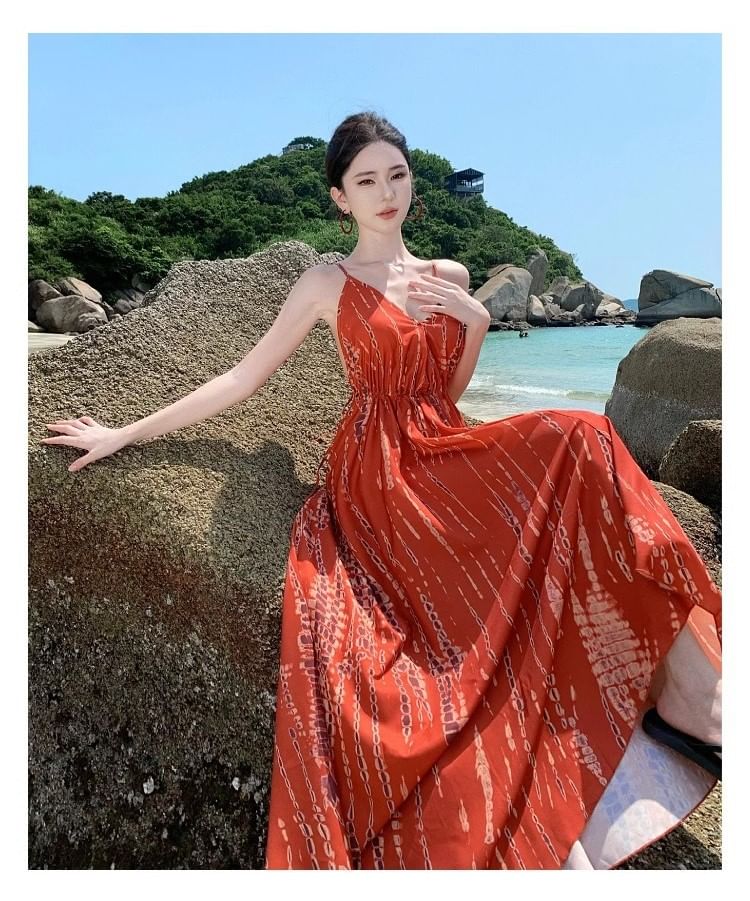 V-Neck Tie Dye High Low Open Back A-Line Dress