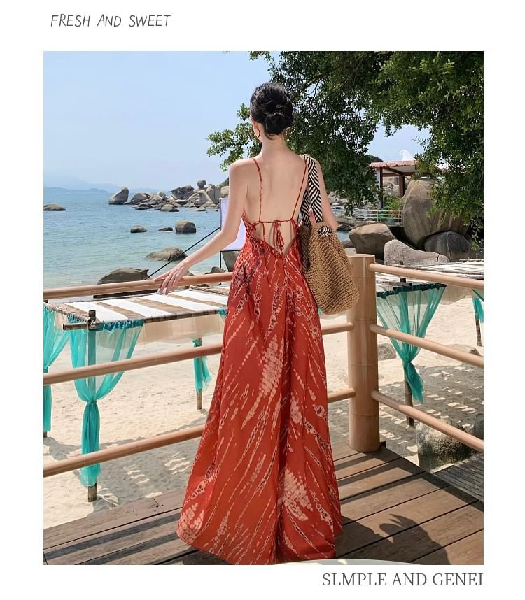 V-Neck Tie Dye High Low Open Back A-Line Dress