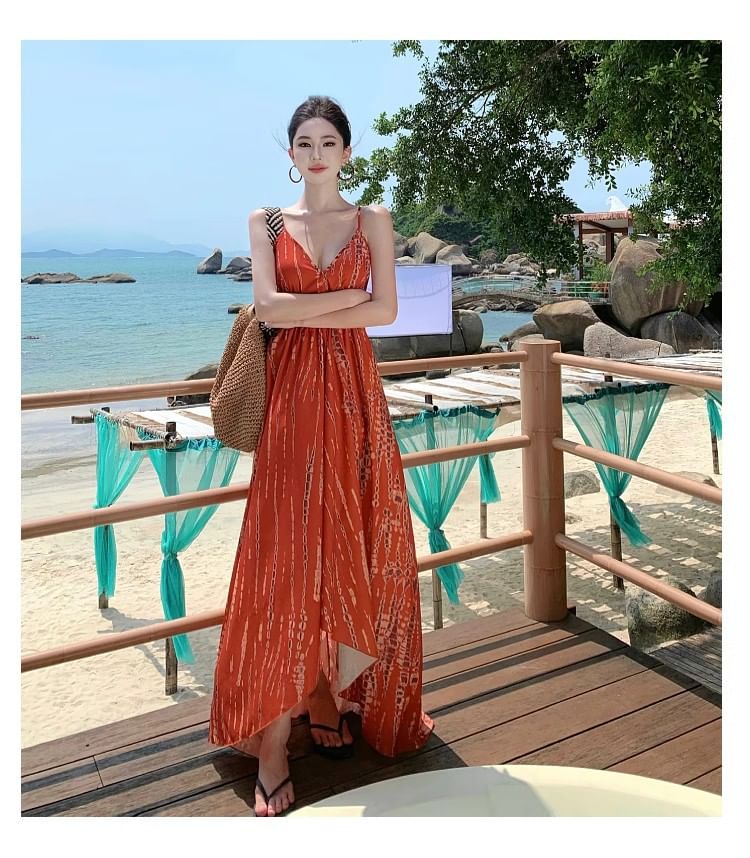 V-Neck Tie Dye High Low Open Back A-Line Dress