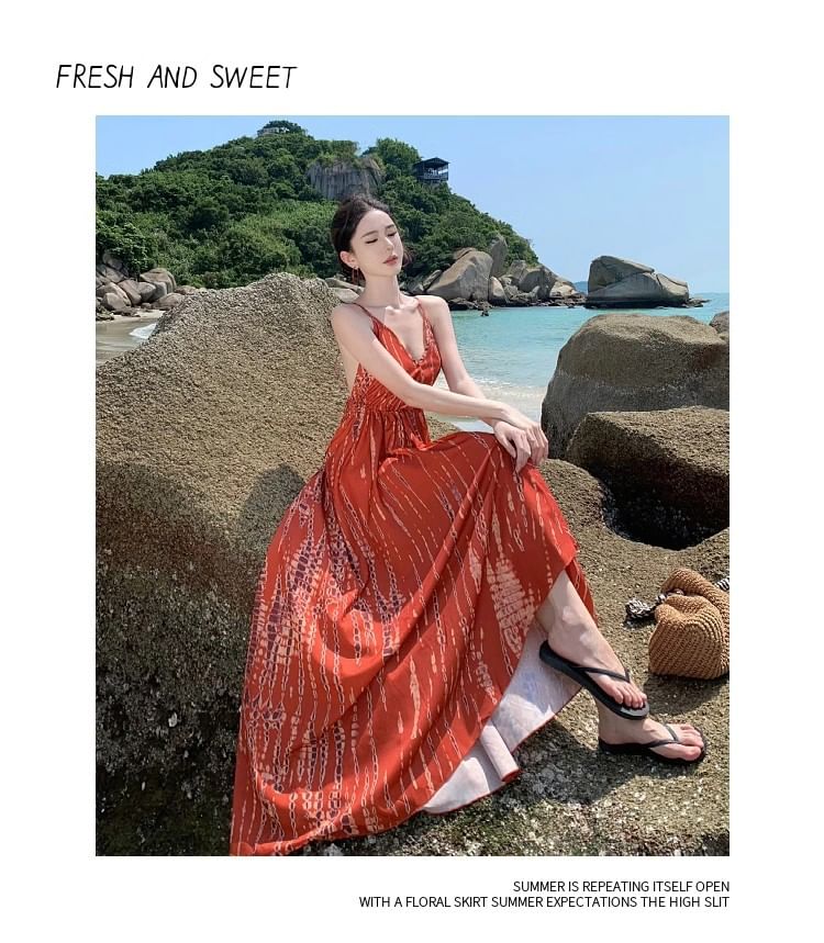 V-Neck Tie Dye High Low Open Back A-Line Dress