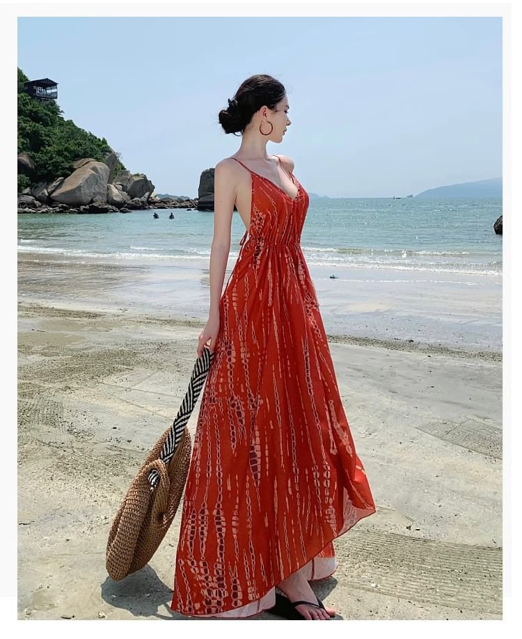 V-Neck Tie Dye High Low Open Back A-Line Dress
