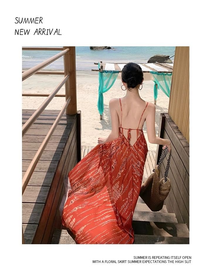 V-Neck Tie Dye High Low Open Back A-Line Dress
