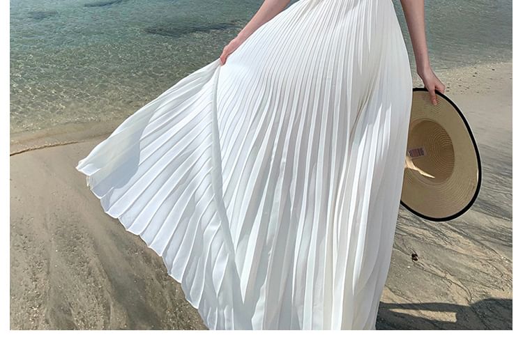 V-Neck Rhinestone Cutout Pleated Maxi A-Line Dress