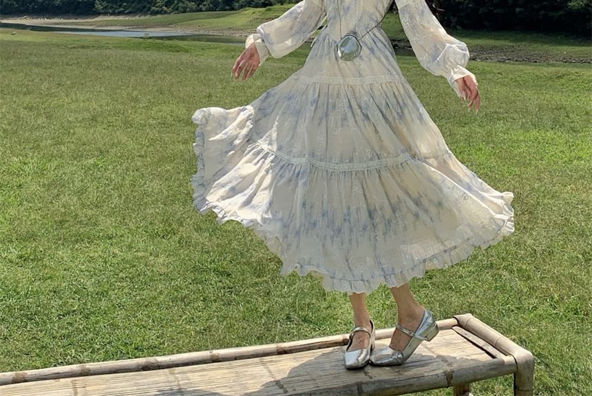Square Neck Tie Dye Lace Trim Tie Front Long-Sleeved Maxi Dress