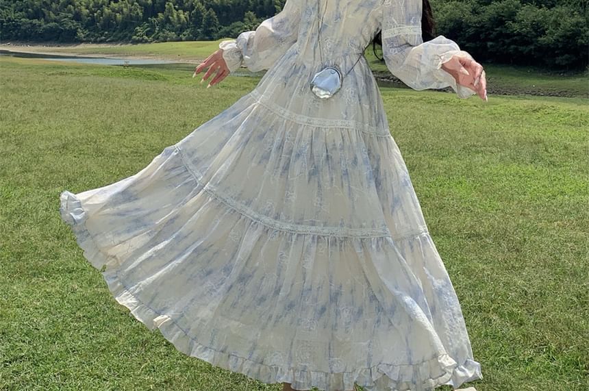 Square Neck Tie Dye Lace Trim Tie Front Long-Sleeved Maxi Dress