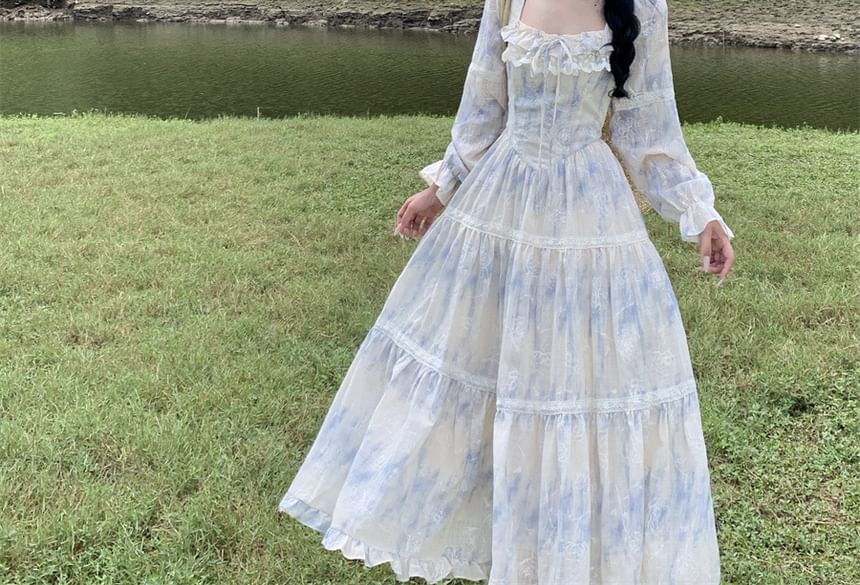 Square Neck Tie Dye Lace Trim Tie Front Long-Sleeved Maxi Dress