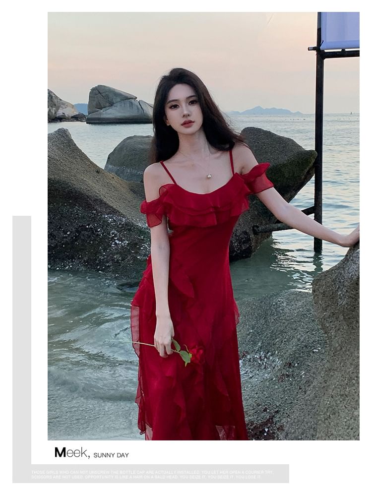 Cold Shoulder Scoop Neck Maxi A-Line Dress with Ruffle Trim