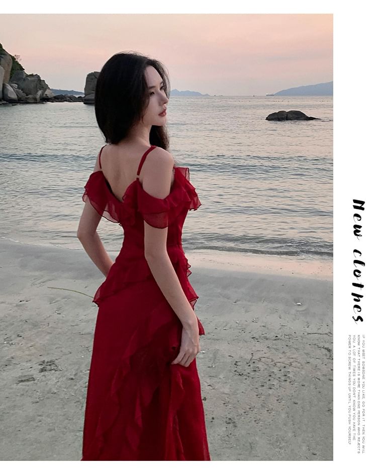 Cold Shoulder Scoop Neck Maxi A-Line Dress with Ruffle Trim