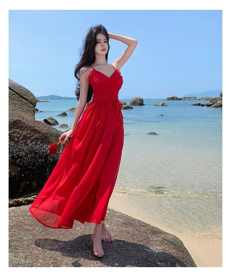 V-Neck Ruffle Open Back Ruched Maxi A-Line Dress