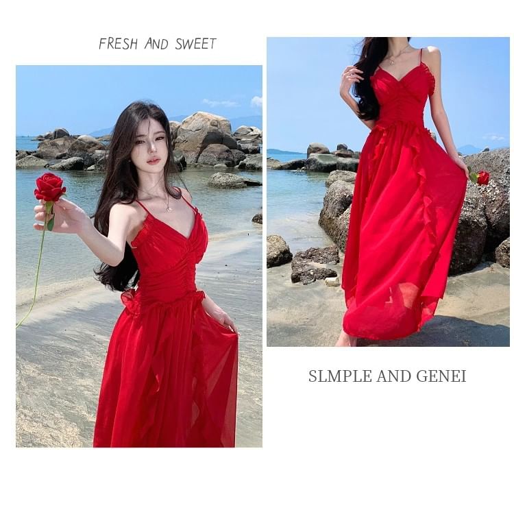V-Neck Ruffle Open Back Ruched Maxi A-Line Dress