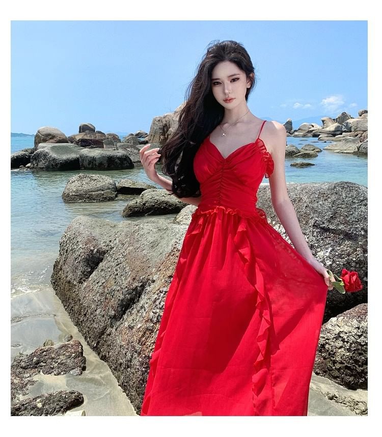 V-Neck Ruffle Open Back Ruched Maxi A-Line Dress
