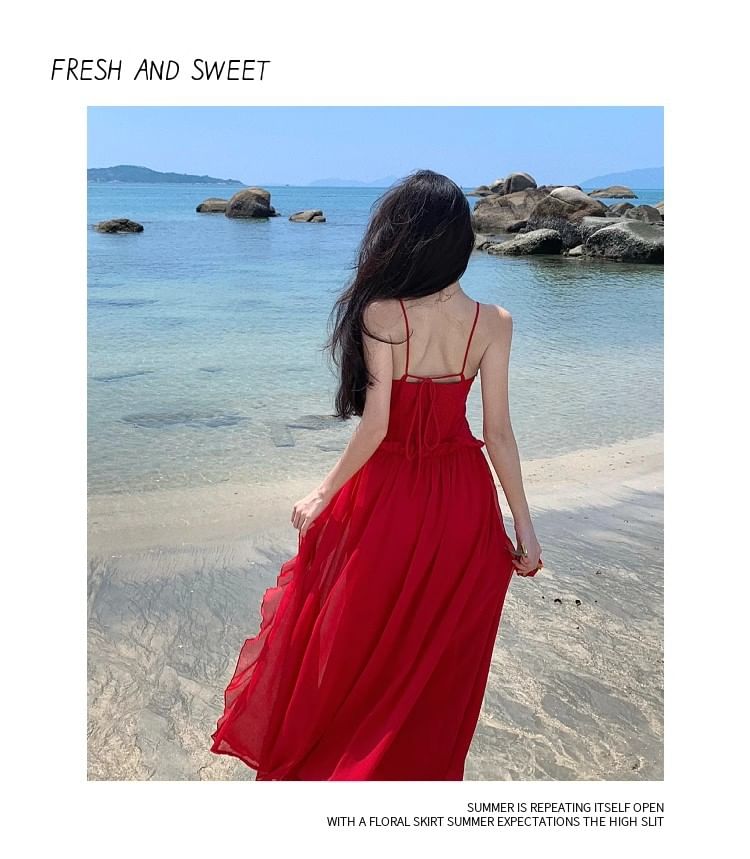 V-Neck Ruffle Open Back Ruched Maxi A-Line Dress