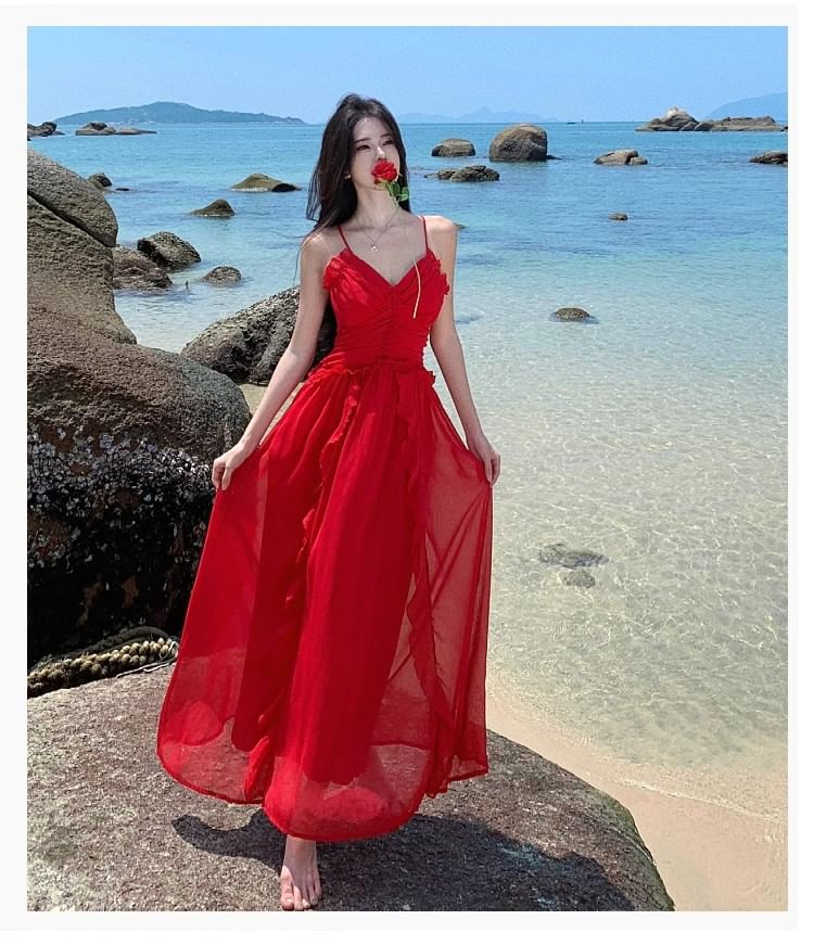 V-Neck Ruffle Open Back Ruched Maxi A-Line Dress