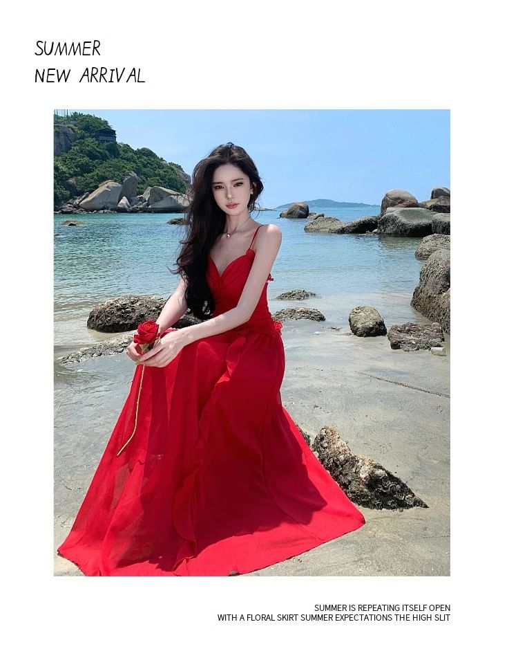 V-Neck Ruffle Open Back Ruched Maxi A-Line Dress