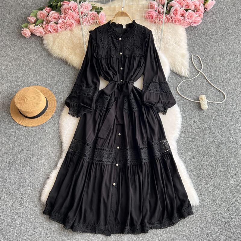 Stand Collar Lace Panel Frill Trim Button-Up Long-Sleeved Maxi Dress