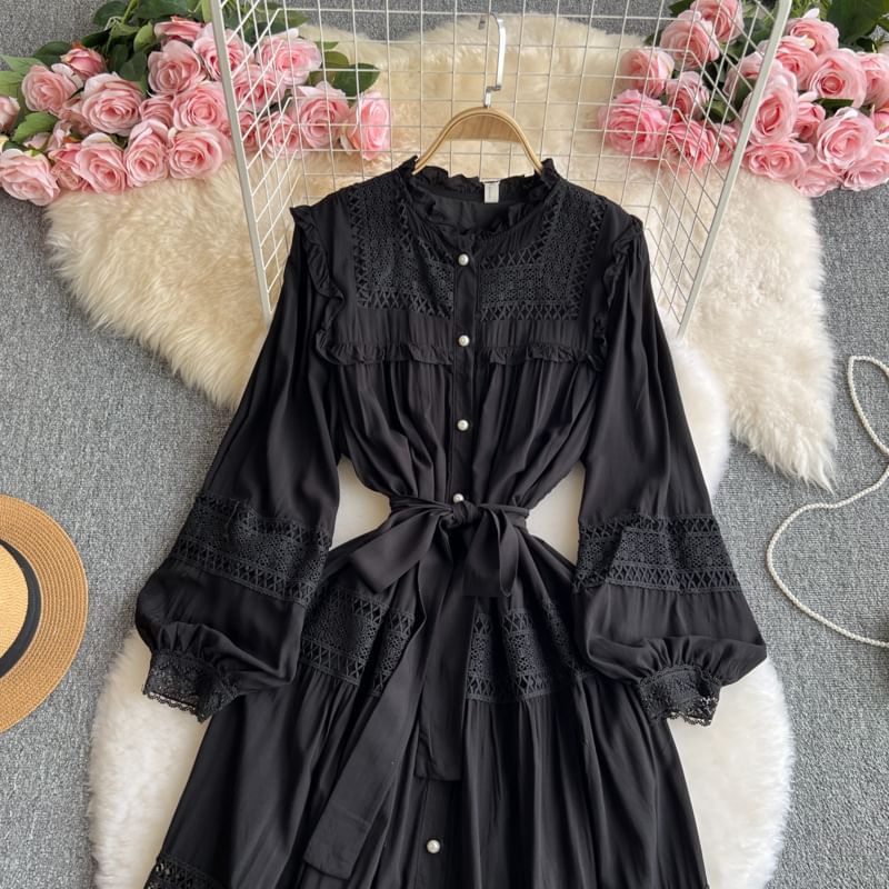 Stand Collar Lace Panel Frill Trim Button-Up Long-Sleeved Maxi Dress