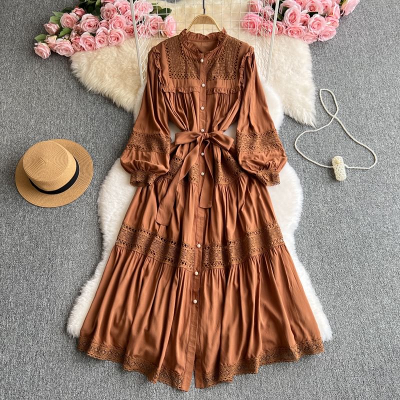 Stand Collar Lace Panel Frill Trim Button-Up Long-Sleeved Maxi Dress