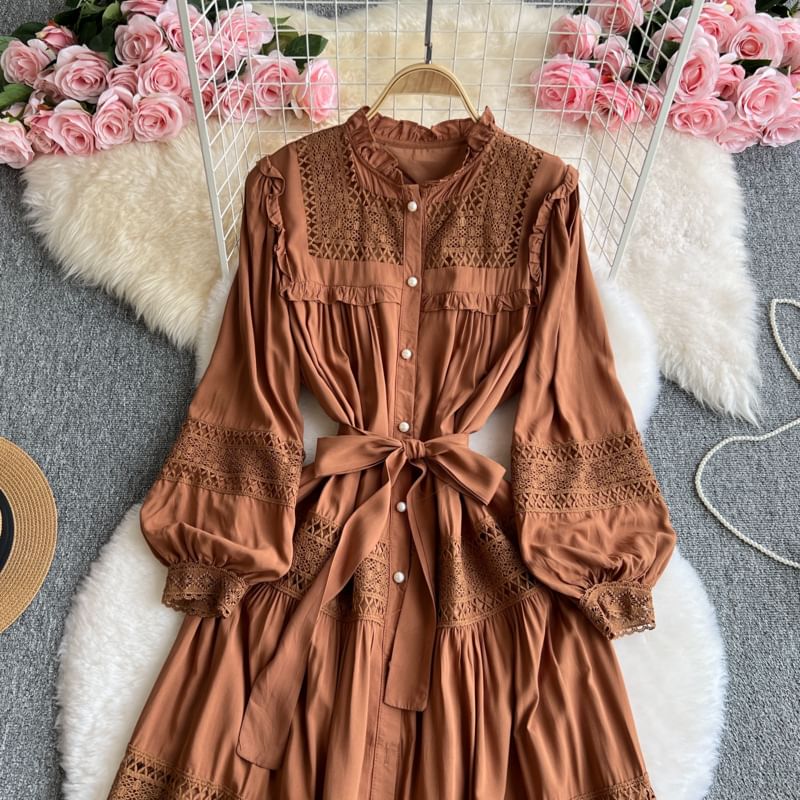 Stand Collar Lace Panel Frill Trim Button-Up Long-Sleeved Maxi Dress