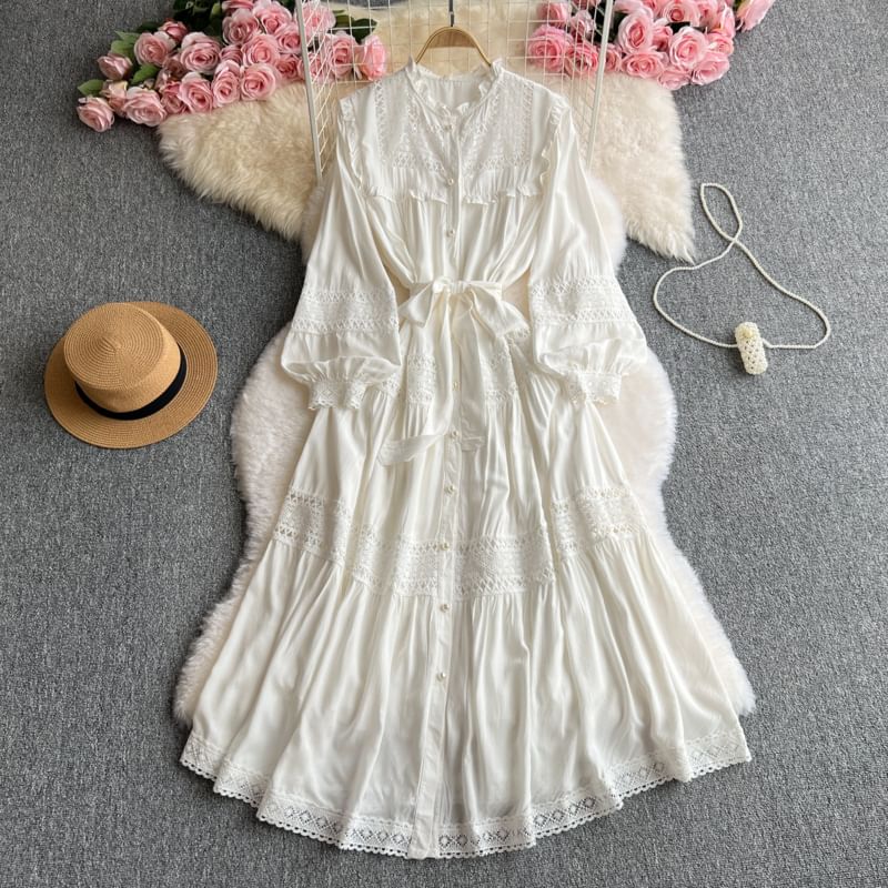 Stand Collar Lace Panel Frill Trim Button-Up Long-Sleeved Maxi Dress