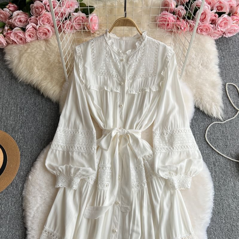 Stand Collar Lace Panel Frill Trim Button-Up Long-Sleeved Maxi Dress