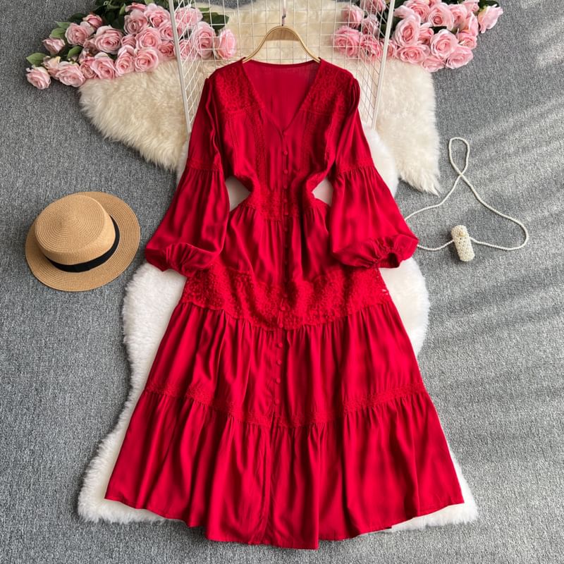 Lace Panel Button-Up V-Neck Long-Sleeved Maxi A-Line Dress