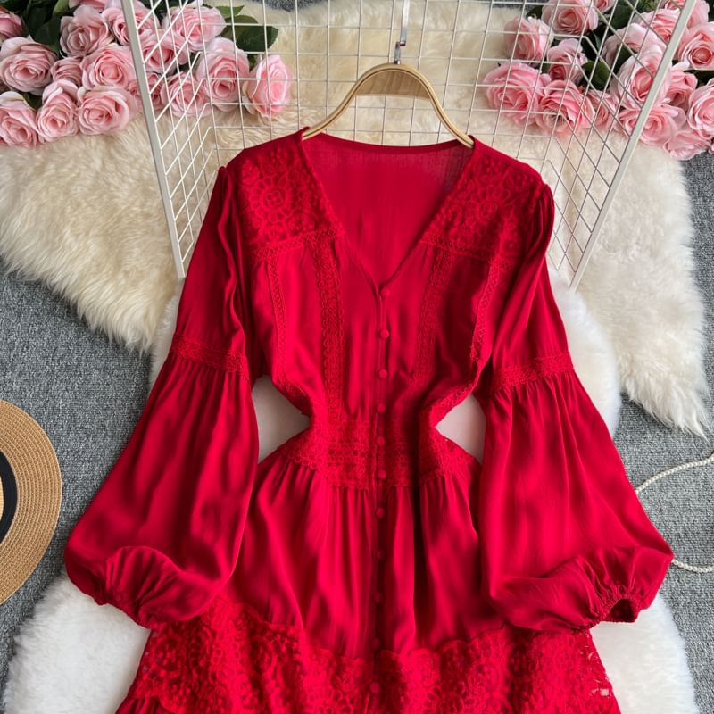 Lace Panel Button-Up V-Neck Long-Sleeved Maxi A-Line Dress