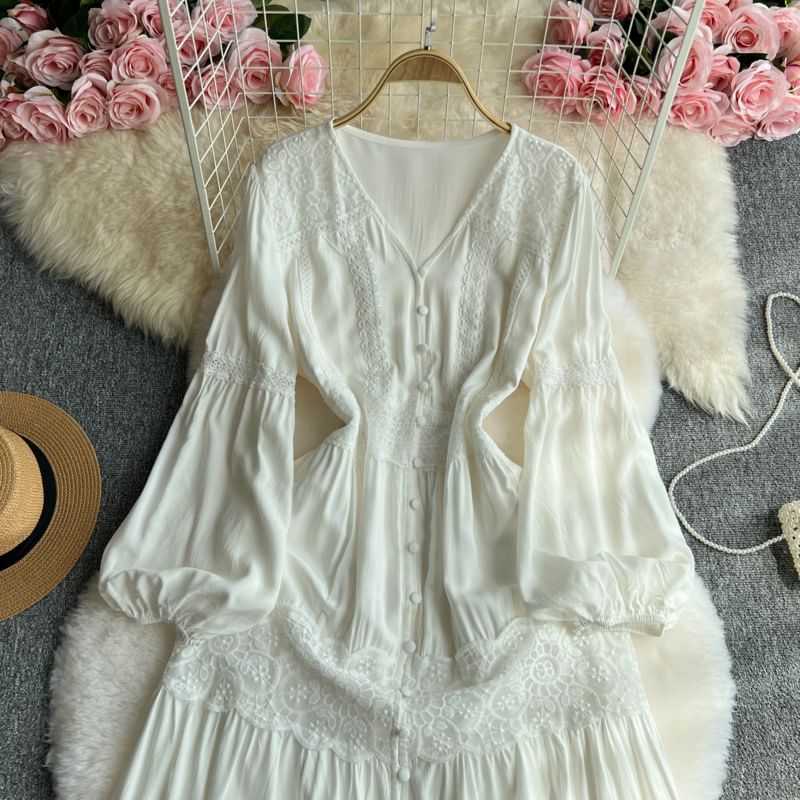Lace Panel Button-Up V-Neck Long-Sleeved Maxi A-Line Dress