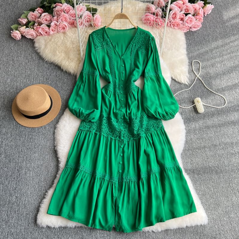 Lace Panel Button-Up V-Neck Long-Sleeved Maxi A-Line Dress