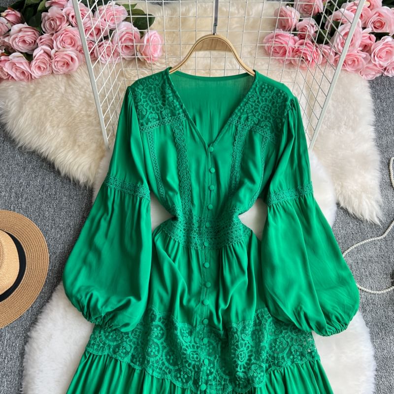 Lace Panel Button-Up V-Neck Long-Sleeved Maxi A-Line Dress