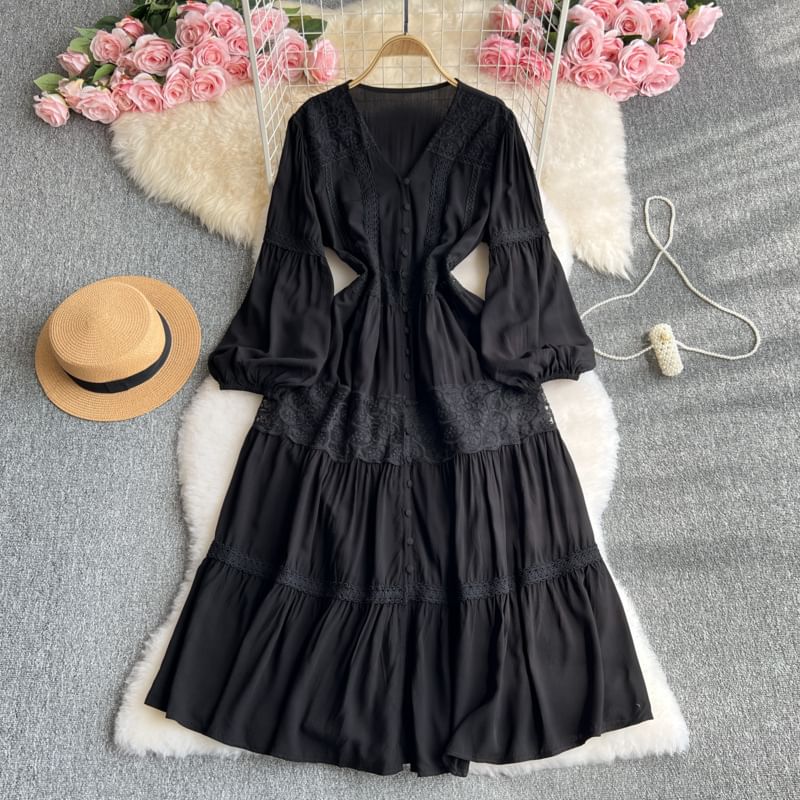 Lace Panel Button-Up V-Neck Long-Sleeved Maxi A-Line Dress