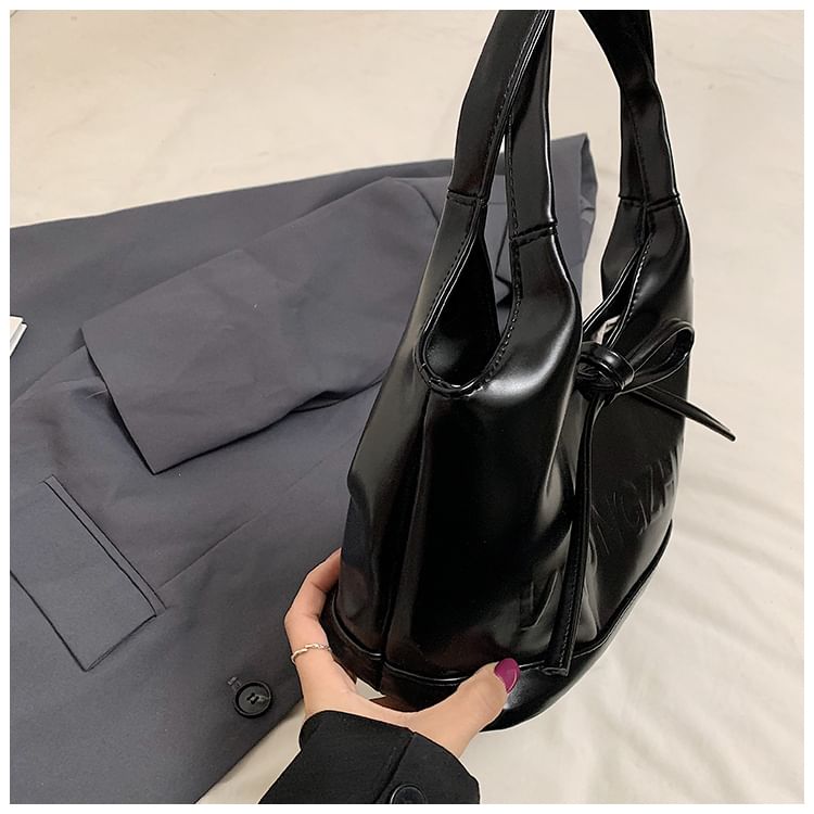 Faux Leather Plain Bowknot Shoulder Bag