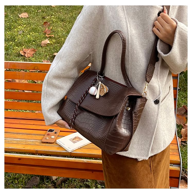 Faux Croc Leather Flap Shoulder Bag