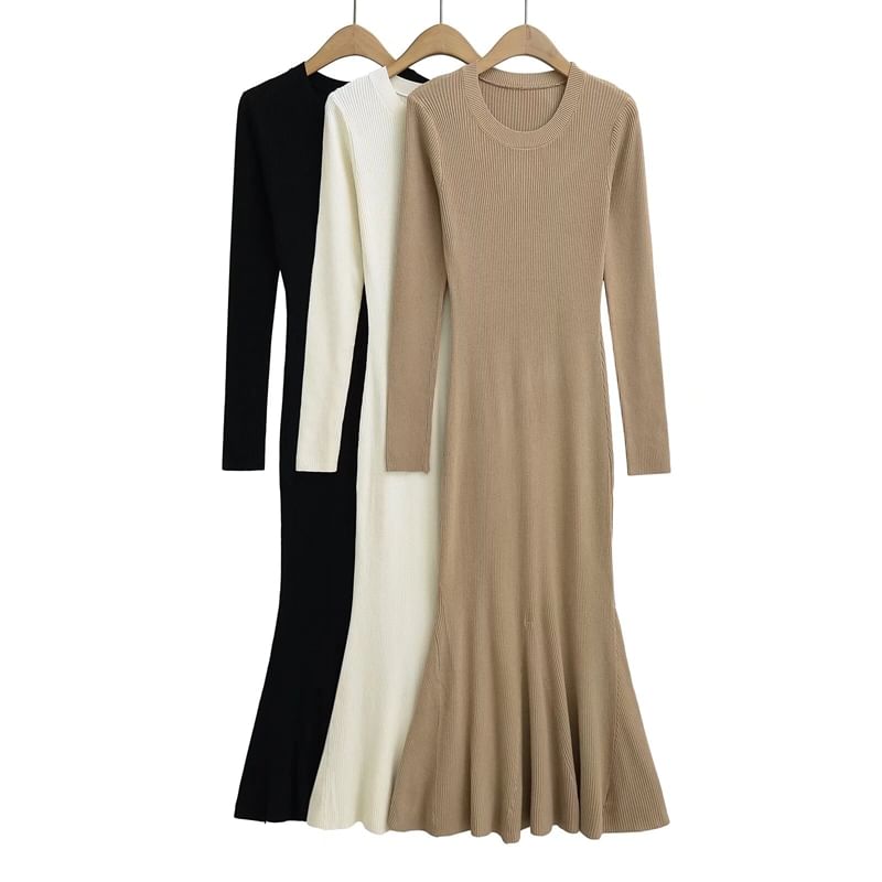 Crew Neck Long-Sleeved Knit Maxi Mermaid Dress