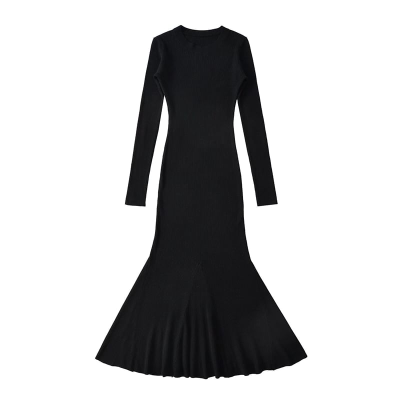Crew Neck Long-Sleeved Knit Maxi Mermaid Dress