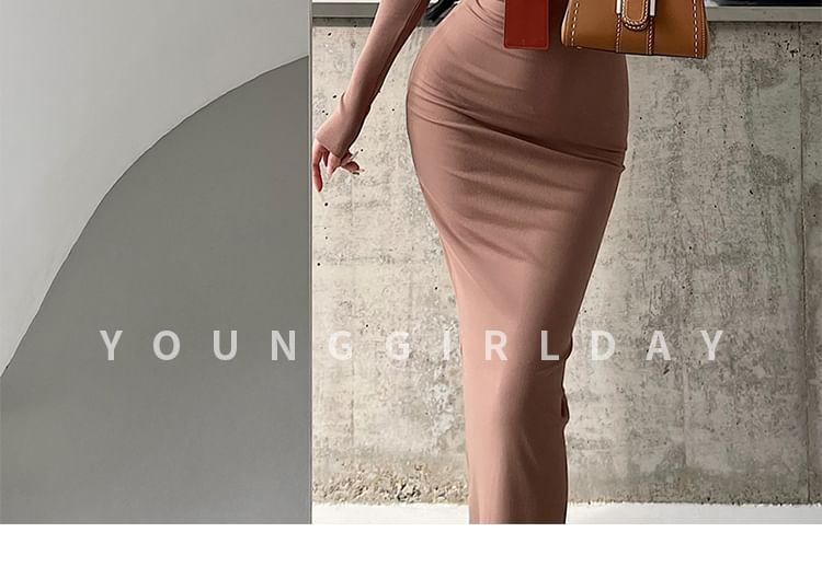 Crew Neck Long-Sleeved Plain Maxi Sheath Dress